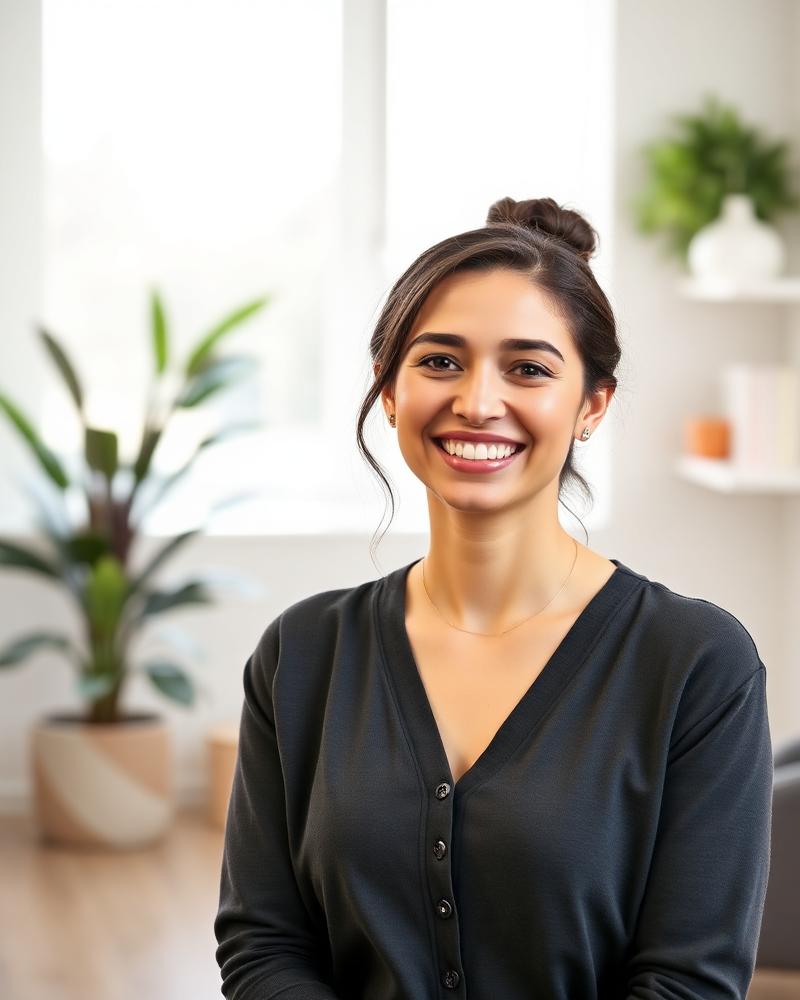 A smiling therapist in a bright modern office